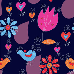 Seamless floral pattern with tulips and birds