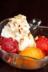 fruits sorbet with vanilla ice cream
