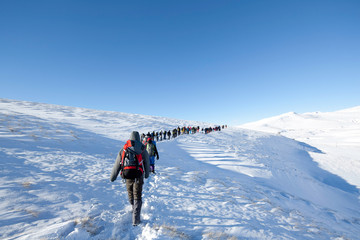 Fototapeta na wymiar Hikers in winter in mountains