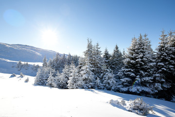 Fototapeta na wymiar Blue sky over snowy white mountains