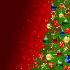 Christmas tree on red background with baubles