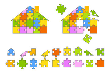 House puzzle shape with colored pieces