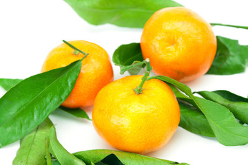 mandarin with green leaves isolated on white