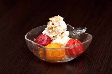 fruits sorbet with vanilla ice cream