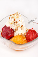 fruits sorbet with vanilla ice cream