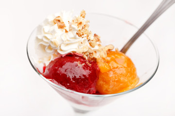 fruits sorbet with vanilla ice cream