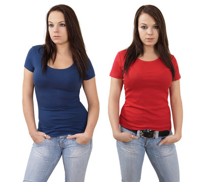 Female with blank red and blue shirts
