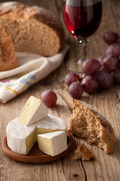 Traditional Normandy Camembert Cheese With Homemade Bread, Glass