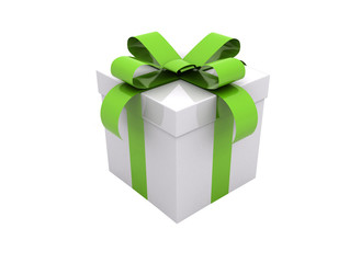 one white gift box with green ribbon and bow isolated