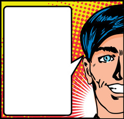 Pop Art Closeup of a happy male with speech blank card