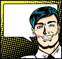 Foto auf Acrylglas Comics Pop-Art-Geschäftsmann mit Sprechblase. Retro-Business-Smiley m