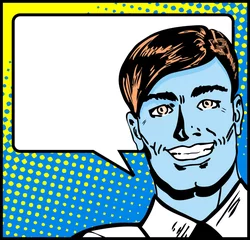 Fototapete Comics Pop-Art-Geschäftsmann mit Sprechblase. Retro-Business-Smiley m