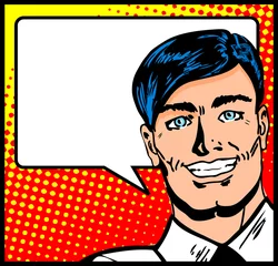 Selbstklebende Fototapete Comics Pop-Art-Geschäftsmann mit Sprechblase. Retro-Business-Smiley m