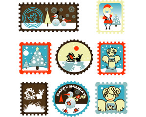 Large Set of colorful Christmas Postage stamps.Vector illustrati