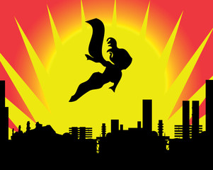 Stick figure superhero flies past bright sun burst