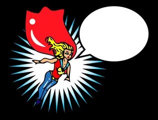 Foto auf Acrylglas Comics Superheldin macht sich bereit für Action. Superfrau fliegt durch