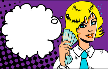 Portrait of cheerful business woman holding money on Pop Art Ret