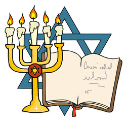 Golden Menorah And Book In Front Of The Star Of David