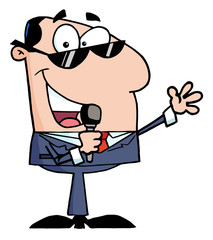 Caucasian Tv Show Host Talking Through A Microphone