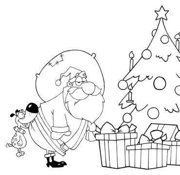 Outlined Dog Biting Santas Butt By A Christmas Tree