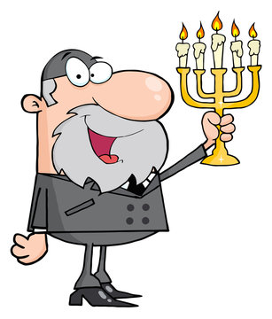 man holding menorah with lit candles clip art preview
