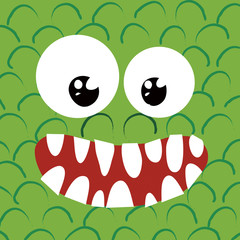 Faccia di mostro verde simpatico e sorridente