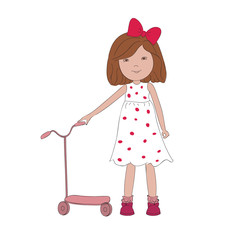 Vector illustration of little girl with scooter