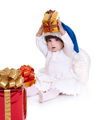 Angel little girl with gift box. Isolated on white background