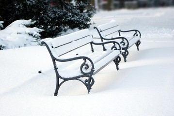 two benches in winter scenery