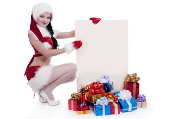 Santa girl with a blank sign. Add your text...