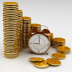 Time is money concept with clock and coins