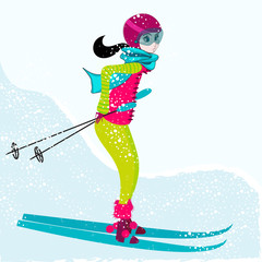 Vector cute girl skiing