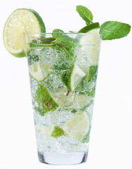 Cocktail with mint and lime on a white background.