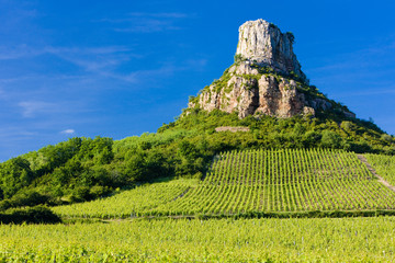 La Roche de Solutré with vineyards, Burgundy, France