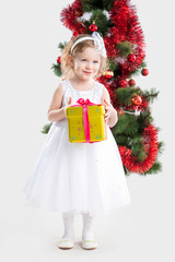 cute girl wearing snowflake costume with gift
