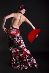flamenco dancer posing with red fan - obrazy, fototapety, plakaty