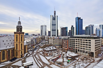 view to skyline of Frankfurt with Hauptwache and skyscraper ear - obrazy, fototapety, plakaty