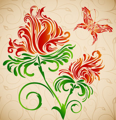 Flowers and butterfly on seamless swirls background.Eps10.