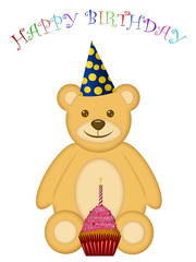 Fototapeta premium Birthday Teddy Bear with Party Hat and Cupcake