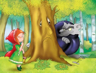 Photo sur Plexiglas Animaux de la forêt Le petit chaperon rouge et le grand méchant loup dans les bois