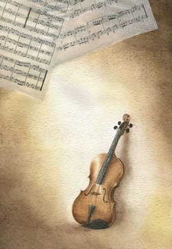 Acquerello con violino e spartito musicale