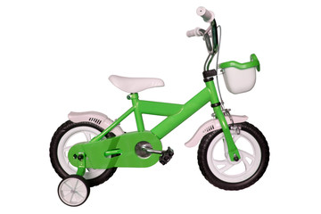 Fototapeta na wymiar green children's bicycle isolated on white background