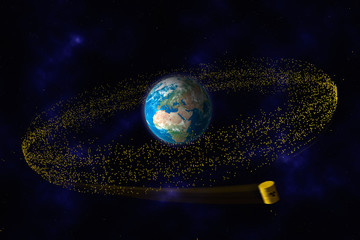 gelbe Fässer mit Atommüll umkreisen den Planeten Erde