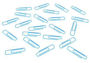 Blue paper clips isolated on white background