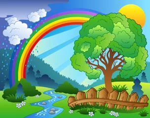 Cercles muraux Pour enfants Paysage avec arc-en-ciel et arbre