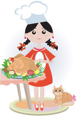 Girl  cook with turkey