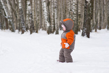 Fototapeta na wymiar cute baby walk from winter park