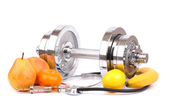 dumbbell, fruits and doctor headset