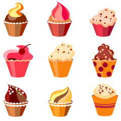 Nine different stylized cupcakes isolated on white background