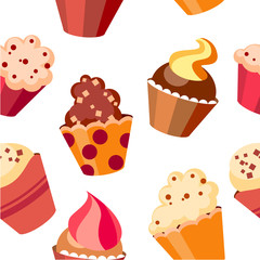 Seamless cupcake pattern in red and beige colors
